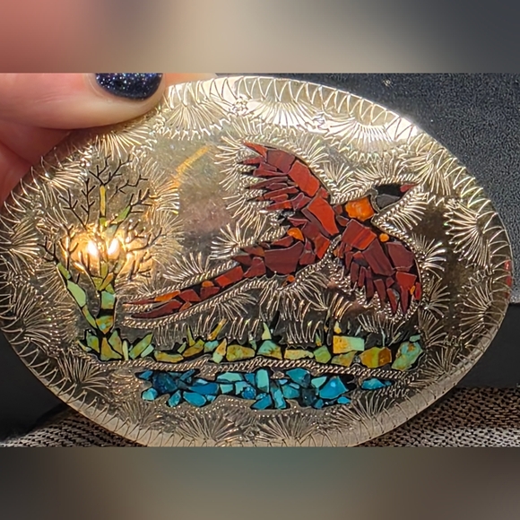 HSS Other - Pheasant/Bird Turquoise Coral Wood Mixed Stone Inlaid Mark HSS Etched BeltBuckle